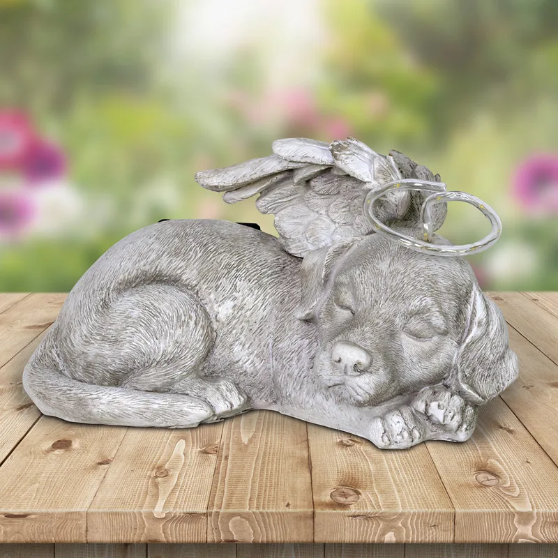 Resin Solar Sleeping Dog With Halo And Angel Wings Memorial Garden ...