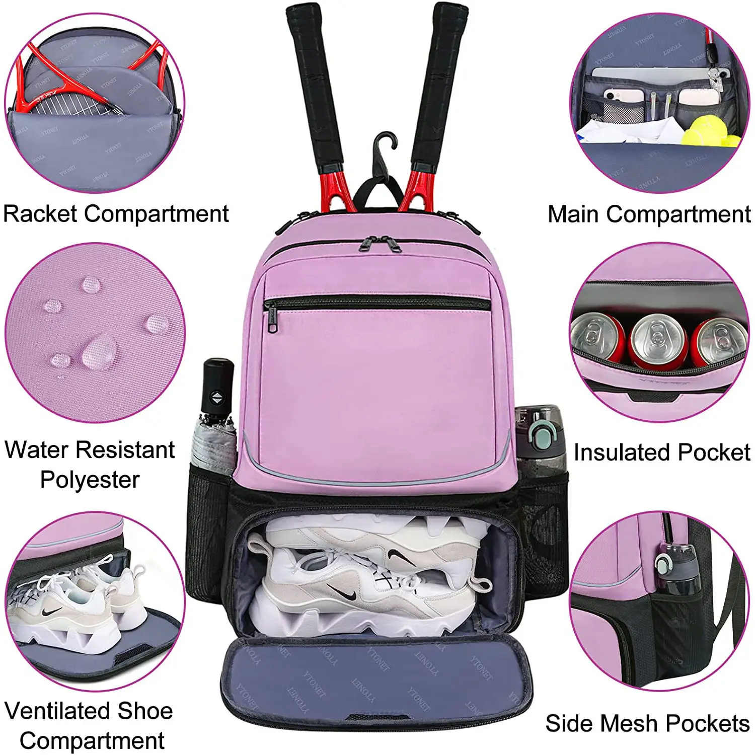 2023 Custom Logo Tennis Backpack For 2 Rackets With Separate Shoe Space ...