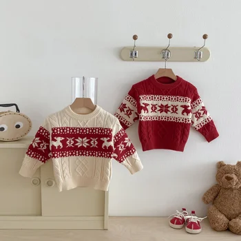 2025 Autumn and Winter New Korean Style Kids Warm Pullover Baby Sweater O-Neck Snowflake Knit Kids Tops