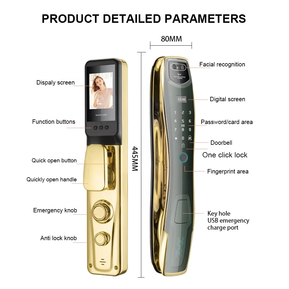 3D Face Recognition ID Fingerprint Camera Viewer Remote Doorbell Key 7 Ways Unlock Tuya App Door Smart Lock with Camera