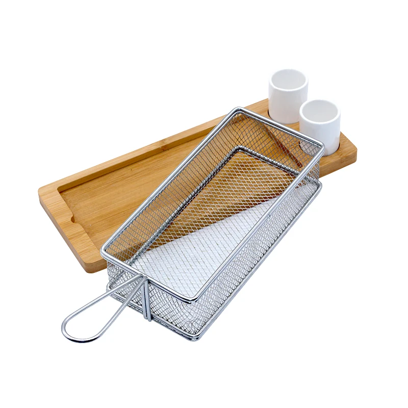 Magnificent Chip & Dip Serving Basket Bamboo Board and Sauce Cup Set for French Fries Fried Fish