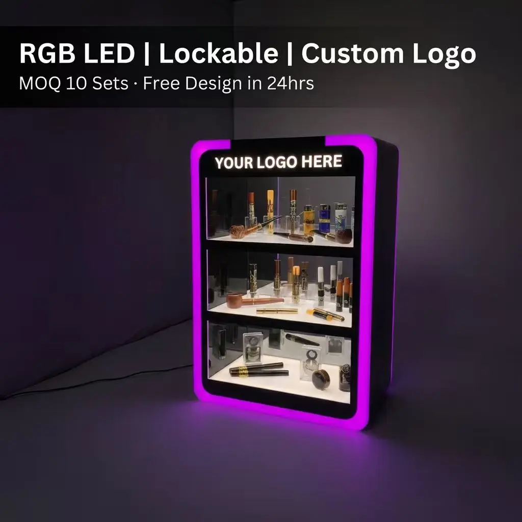カスタム3段式RGB LED搭載アクリル製ディスプレイショーケース・アクリルディスプレイスタンド・たばこ／スモークショップ向けアクリルディスプレイラック Apache