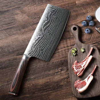 Factory Wholesale Kitchen 7 inch Chopping Knife 5Cr15 Stainless steel Wooden Handle Damascus Laser Pattern Chef Cleaver Knife