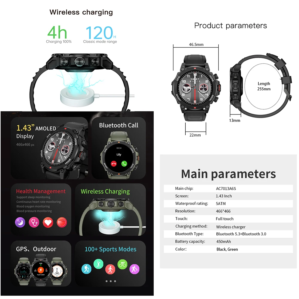 Outdoor GPS G6 1.43inch AMOLED Smartwatch 450mAh 5ATM Waterproof with Compass Altitude B aperçu 6