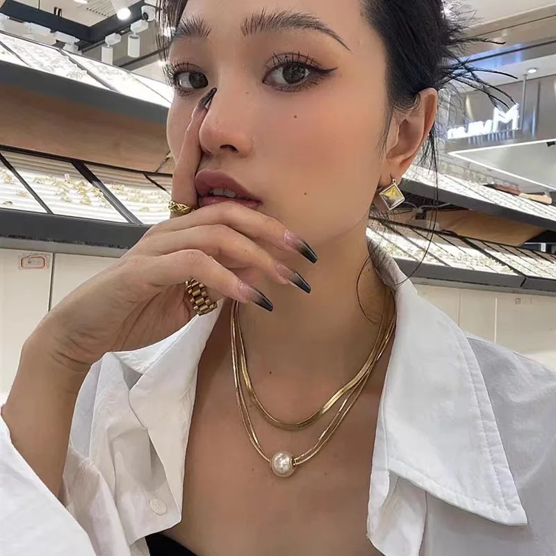 2025 Minimalist Design Double Layers Pearl Necklace Trendy Gold Plated Flat Snake Chain Stainless Steel Necklaces for Women