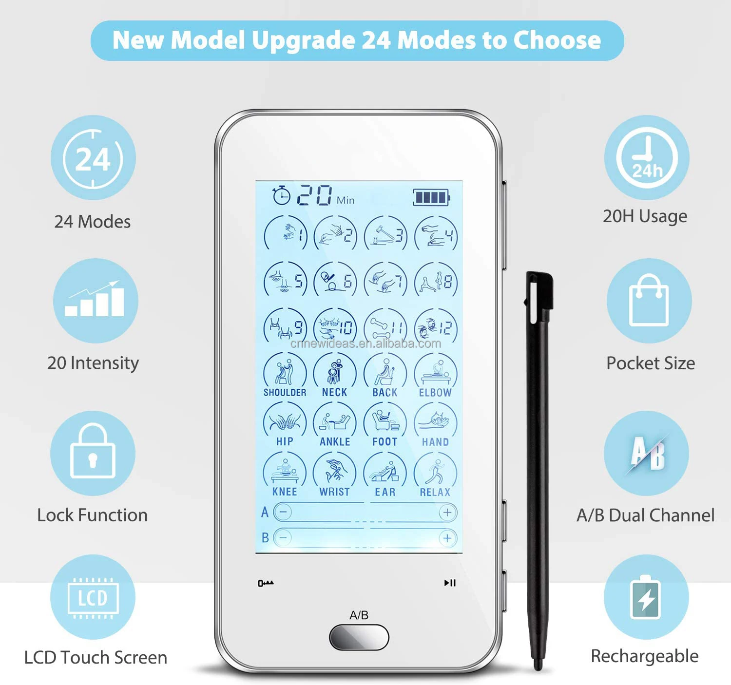 24modes 2 Channels Touch Screen TENS Unit EMS Muscle Stimulator