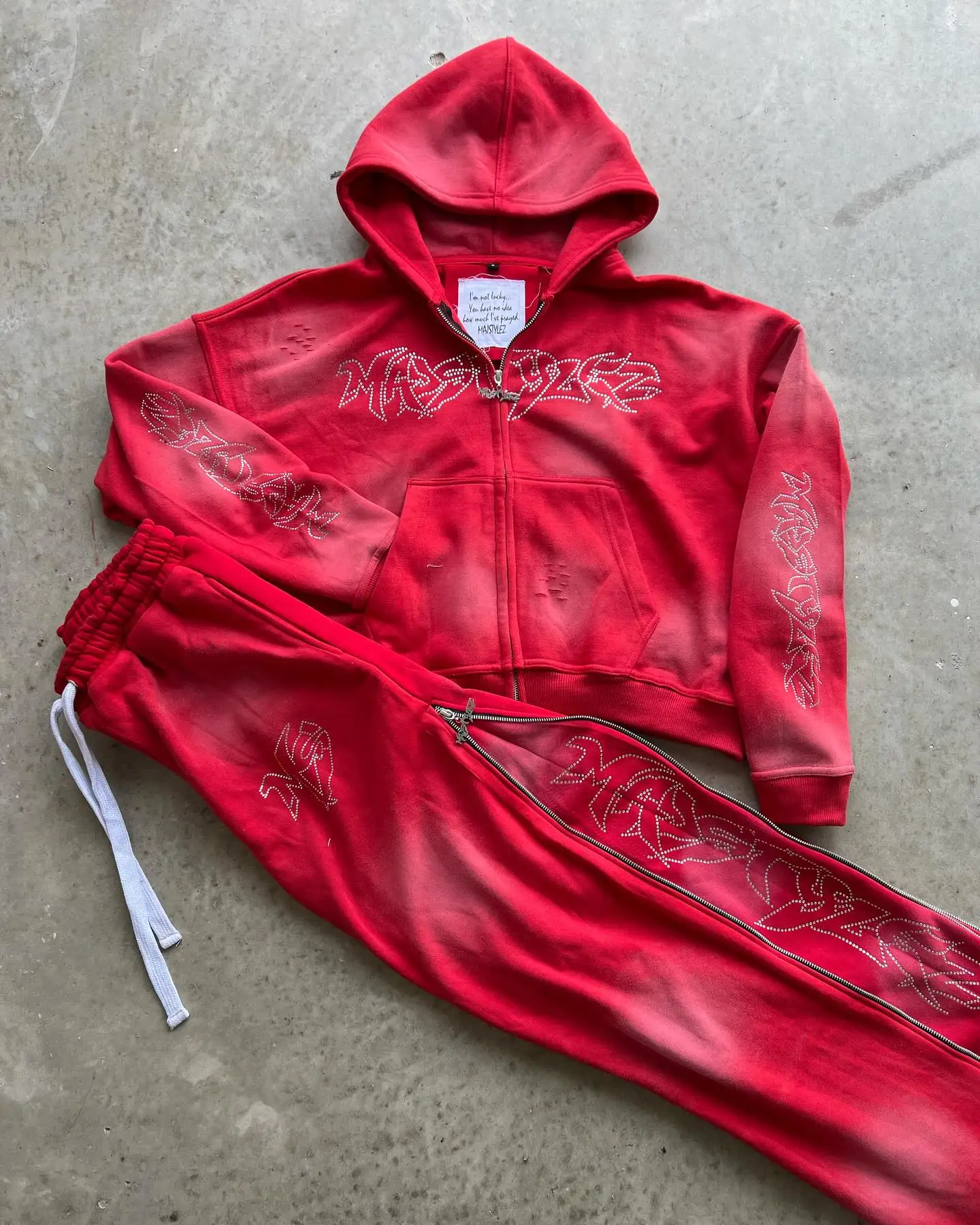 Acid Washed Sweat Suits Custom 100% Cotton Terry Oversized Tracksuit Men Flare Stacked Sweatpants and Rhinestone Hoodie Set gallery 7