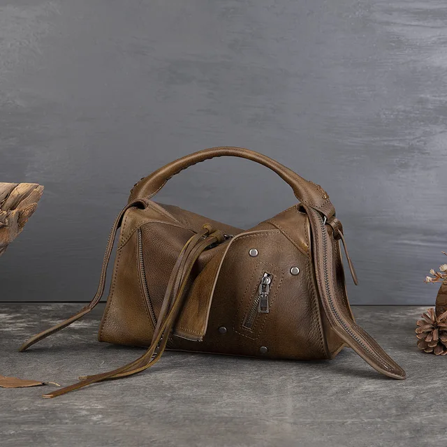 Premium Genuine Cowhide Leather Tassels Small Square Crossbody/Shoulder Bag Retro Vintage Style with Large Capacity for Women