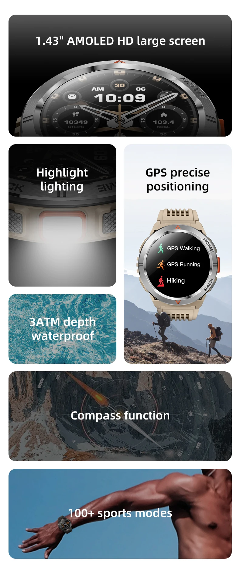 Chinese factory supplier supply  2025 Gs500 Relojes Smartwatch 1.43'' Amoled Flashlight Bt Call Gps Heart Rate 3atm Waterproof Compass Men Smart Watch - Buy Smart Watch With Flashlight 2025 Smart Watch gps Smart Watch