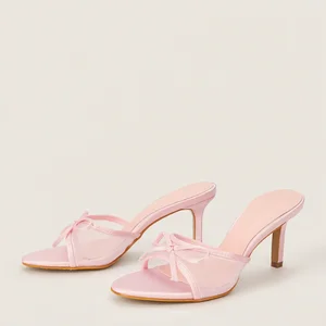 BUSY GIRL CXX264 Pink Women Sandals Pointed Toe Coffee Mesh Bow High-heeled Mules Shallow Mouth Sandals Outdoor Spring Summer