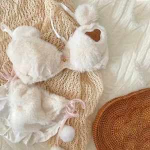 Cute Anime Cartoon Bear Bar Student Bow Bra Set High-Rise Adjusted-Straps Sexy Wire-Free Bikini Logo Breathable Plain Dyed Waist