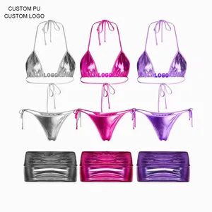 HL Manufacture Sexy Luxury Golden Color 3 Piece Swimsuit With Short Skirt Womens Swimwear Beachwear Custom Shiny Swimsuit