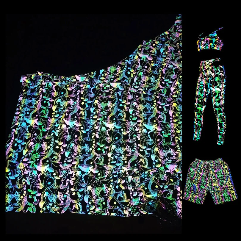 Custom Printing Iridescent  Polyester Spandex Rainbow Reflective Fabric for Fashion Clothes Jacket Material