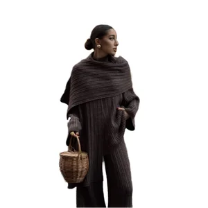 Customize Autumn New Fashion  Set Boutique Wholesale Round Neck Loose Knitted Sweater Wide Leg Pants Solid Pattern Daily Wear
