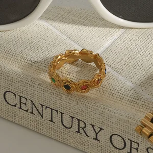 MW Women's Classic Stylish 18K Gold-Plated Stainless Steel Geometric Colorful Zircon Ring Daily Use Luxury High-End Jewelry for