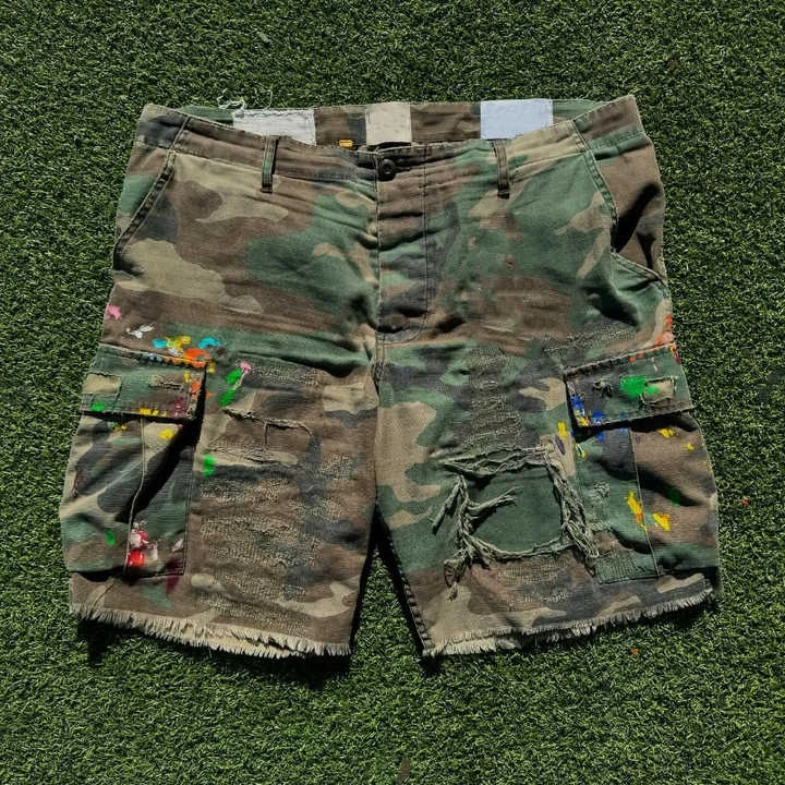 Salati Manufacturer Custom Utility Pocket Ripped All Over Print Baggy Carpenter Camouflage Camo Jean Denim Jorts Cargo Short Men