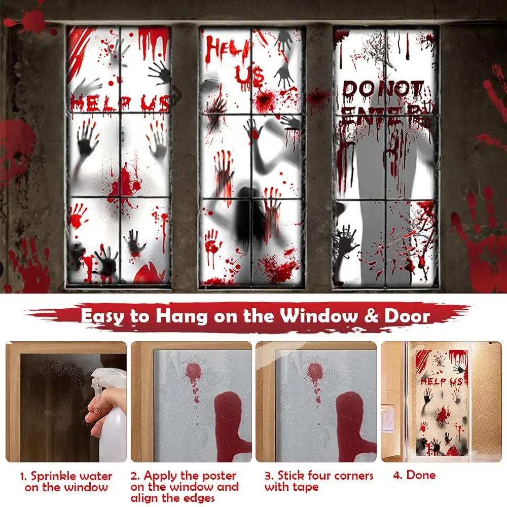 Adesivi Per Finestre Halloween 3 Fogli Giganti - Impronte Insanguinate Mani E Zombie Spettrali, Decorazioni Finestre Spaventose Per Festa A Tema Horror, Riutilizzabili