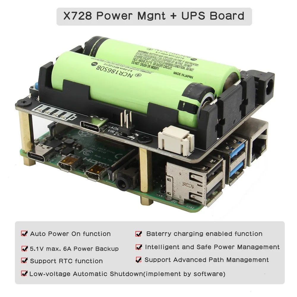 Raspberry Pi X728 V2.1 UPS HATおよび電源管理ボード (CNC