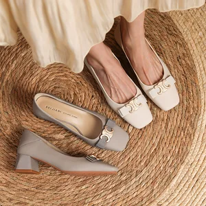 332-28 Soft Work Shoes Autumn Thick Heel High Heels Small Fragrant Style Temperament square Head Slip-on Bridal Shoes