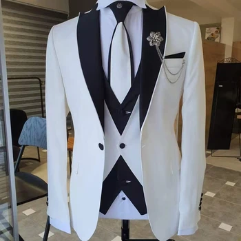 Hight Quality White Suits for Wedding Tuxedos Groom Wear Black Peaked Lapel Groomsmen white 3 pcs costume mariage homme 2022