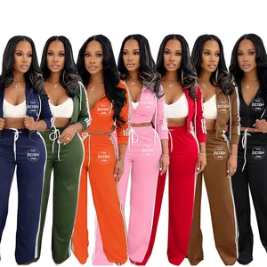 2025 Custom Logo Casual Stretch Two Pieces Pants Set With Cardigan Hooded Crop Top Sweatshirt and Wide Leg Sweatpants