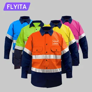 EN20471 Cotton Construction Mining Industrial Worker Uniform Workwear Custom Logo Reflective Safety Clothes Hi Vis Work Shirts