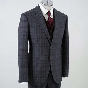 MTM Service Breathable Plus Size Big Men's Business Suit Blazers Notched Lapel Wool Grey Plaid Coat Pant Single Breasted