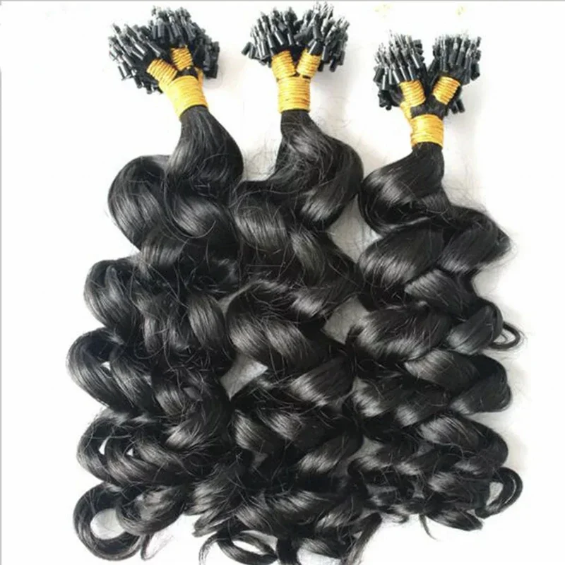 Micro Ring Human Hair Extensions Remy Loose Curl Black Brown_voghion.com