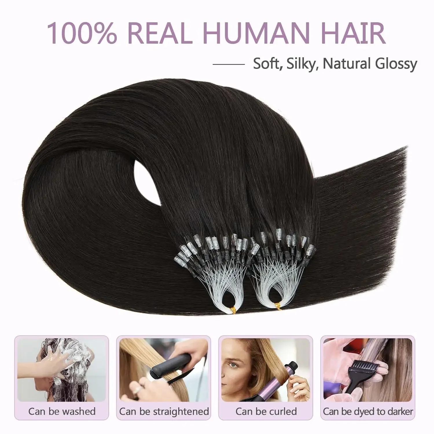 16 26 Inch Straight Micro Loop Hair Extensions #1B Natural Black Real Hair 1g/1strand 50G Extensions Micro Ring Hair Extensions_voghion.com