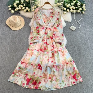 Women's Casual V-Neck Long Sleeved Dress Sequined Nail Bead Decoration Slimming A-Line Skirt Chiffon Print Maxi for Autumn