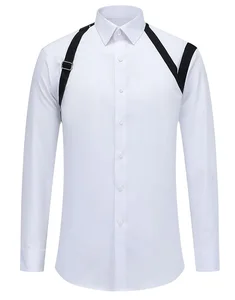 MTM Men's Dress Shirt White Summer Slim Fit with Black Contrast Stripes Long Sleeve Spread Collar Embroidery Custom Office Wear