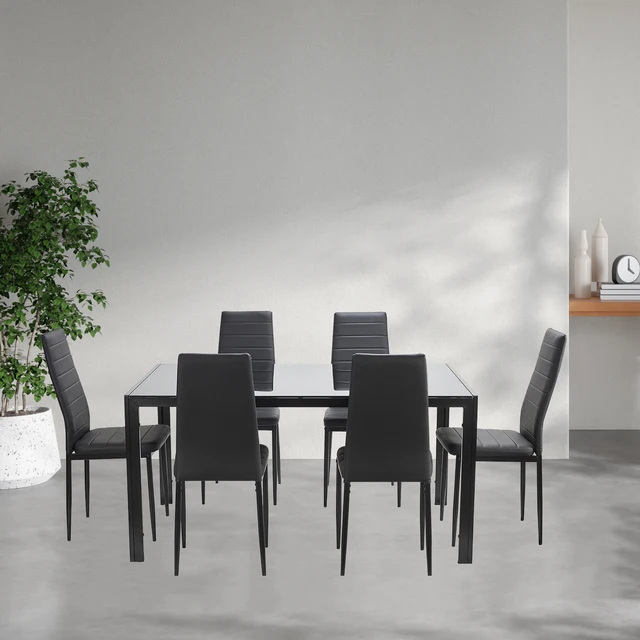 Cheap Modern nordic glass dining room table and pu leather chair for 6 dining table set with 6 chairs seater