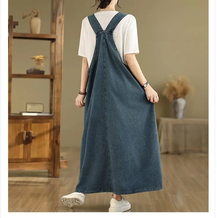 Custom Summer Plus Size Women's Retro Washed Denim Overalls Dress Women's  Western-style Suspender Long Loose Casual Dress