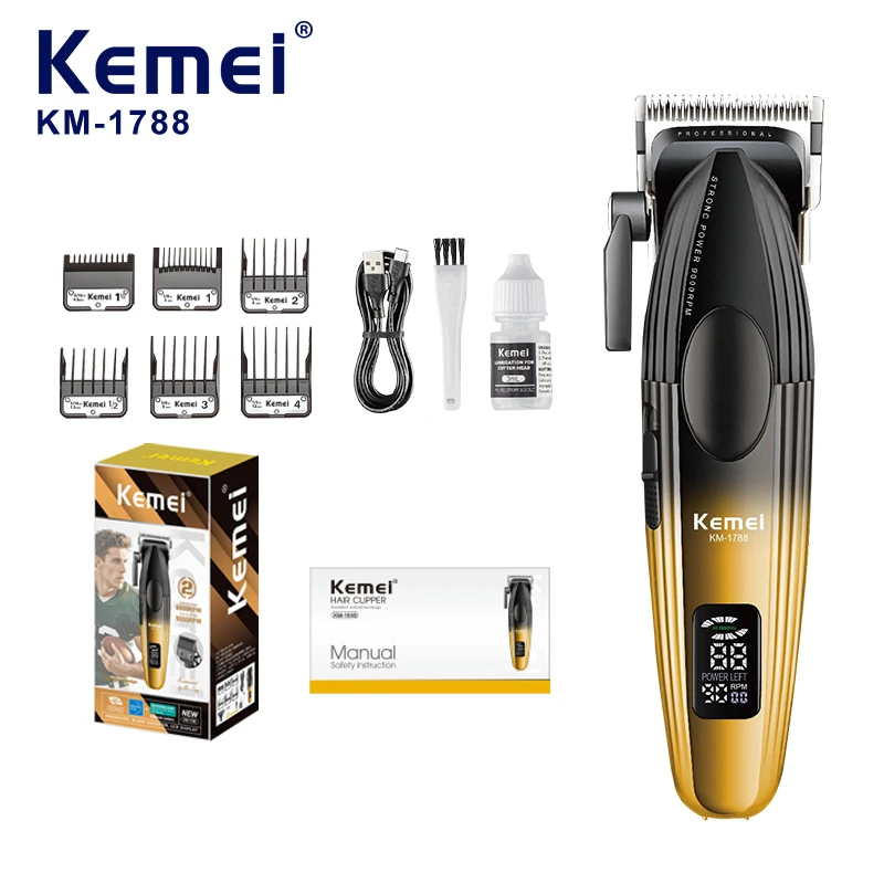 Kemei KM-1788, rasoir électrique pour cheveux haute puissance, batterie lithium-ion de 2500 mAh, lame en céramique fabriquée par métallurgie des poudres, vitesse de rotation : 9000 tr/min, tondeuse sans fil vendue en vrac