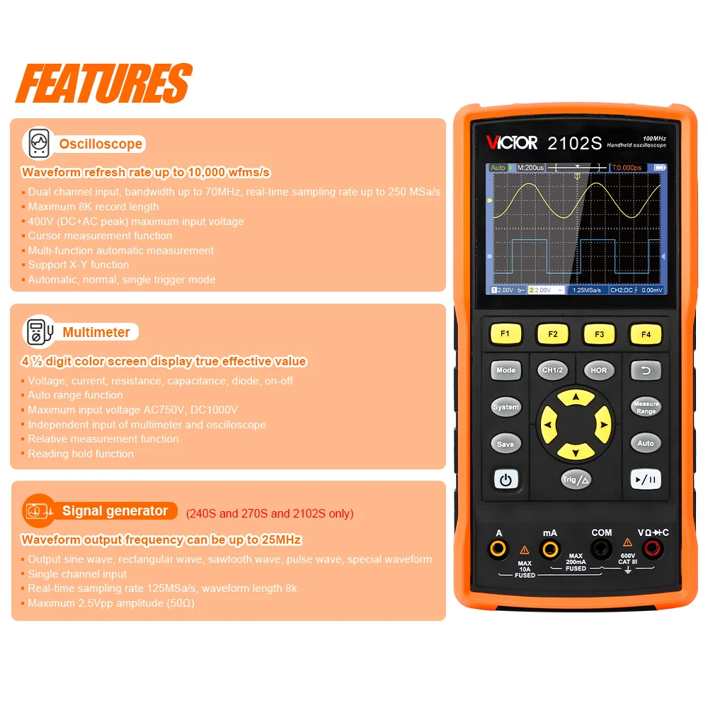 VICTOR 240 Handheld Digital Automotive Oscilloscope with Multimeter Two Channel 40mhz Bandwidth Electronic Meter with USB SCPI