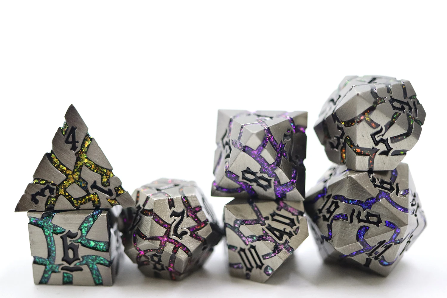 Polyhedral Dice Starry Green Blue Colorful Mica Glitter Sharp Edge Cracked Dice Set With Black Number for Dnd Board Game manufacture
