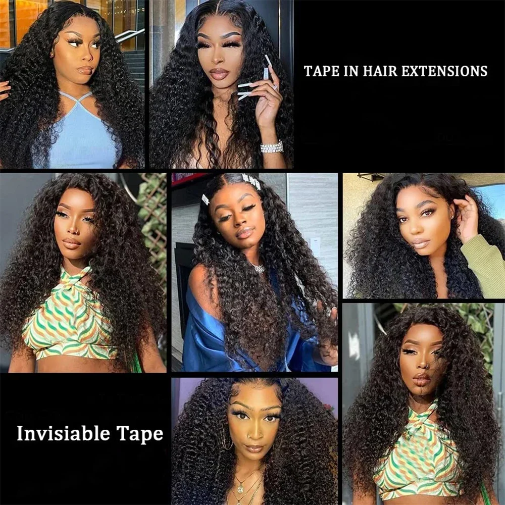 Tape-In-Haarverlängerung, lockig, tief gewellt, 100 % Echthaar, für den ganzen Kopf, Naturschwarz_voghion.com