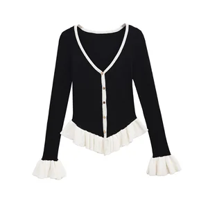 2026 European and American Style Fashion V-neck Color Block Single-breasted Layered Decorative Top 47704532
