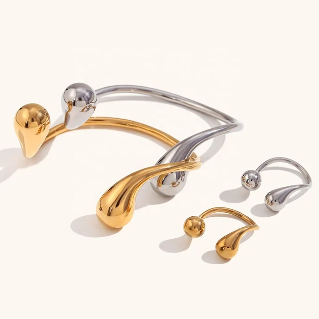 Dingran Jewelry Set 2024 New Design Stainless Steel Open Water Drop Bangle And Ring Set Gold Plated Accessories