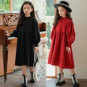 Factory Sale Cheap Girls' Dress Spring and Autumn 3-12 Years Black Red Long Sleeve Lantern Sleeves Korean Loose Dress for Kids