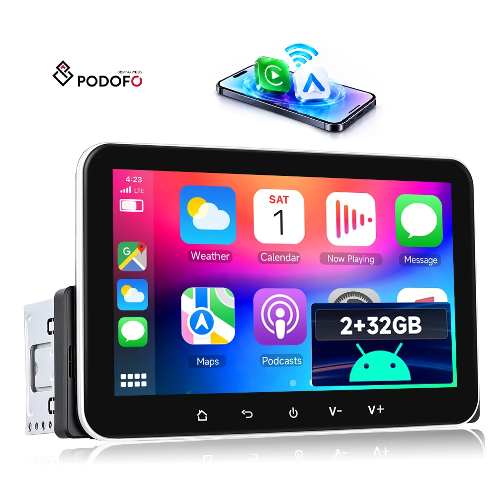 Podofo 7-inch Double Din Android Car Radio 2+32G Wireless CarPlay & Android Auto SWC Car Stereo GPS 5G WiFi OEM Bulk Supplier A4774