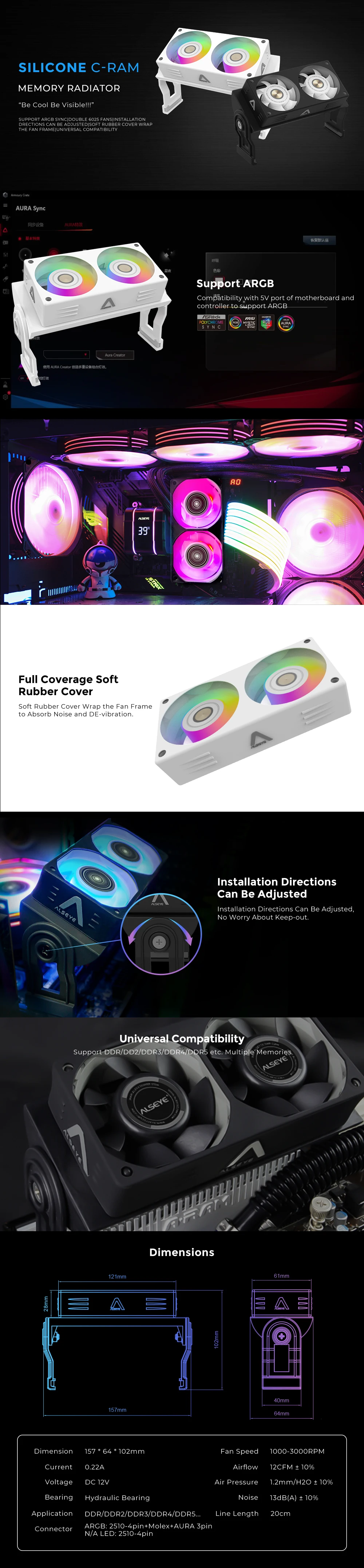 ALSEYE Computer Memory Cooling Fan - RAM Cooler Heatsink