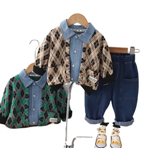 2023 Autumn Kids Sweat Suits Long Sleeved Diamond Denim Patchwork Shirt Jeans Two Piece Clothing Children Clothes for Boys