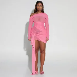 Manufacturer Direct Pure Color Soft Dress  for Spring  Fashion for Bandage Short Skirt with Long Sleeve Sexy Style Plain Dyed