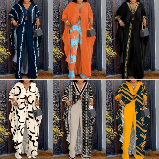 Latest Design Outfits for Women Three Quarter Sleeve V-neck Button Print Top & Loose Pants Sets for Women Two Piece Set