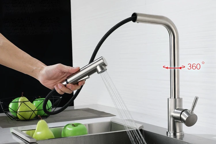 Grifos de fregadero de agua de grifo de cocina de acero inoxidable, grifo de cocina con cabezal extraíble