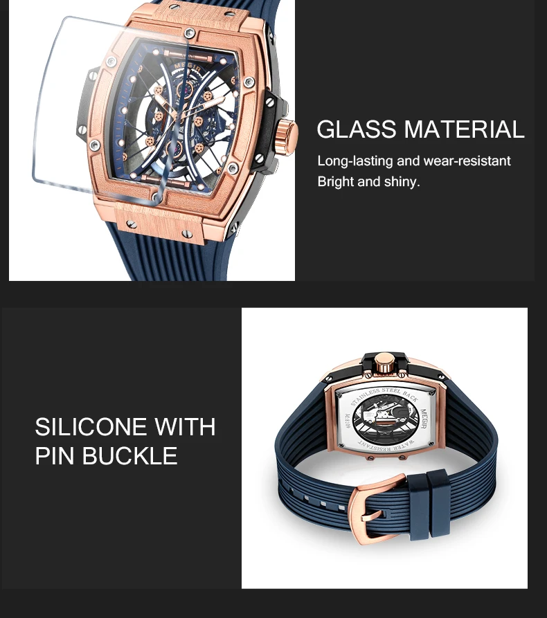 Megir 8109G 8109 Silicone Band Watch for Men Fashion Tonneau Clock Unique Dial Quartz Waterproof Luminous Chronograph Wristwatch