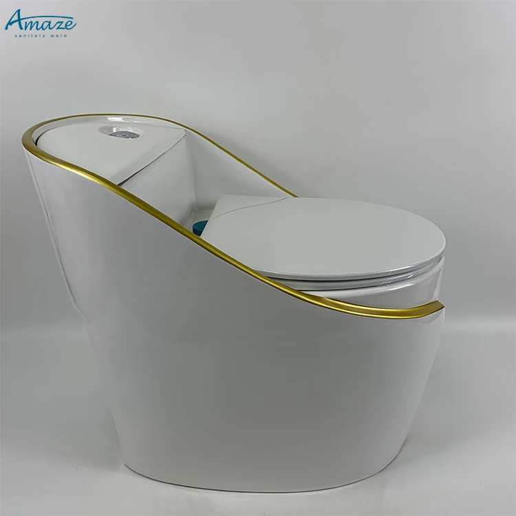 Luxury ceramic sanitary ware design bathroom gold line egg shape water closet floor one piece toilet bowl supplier