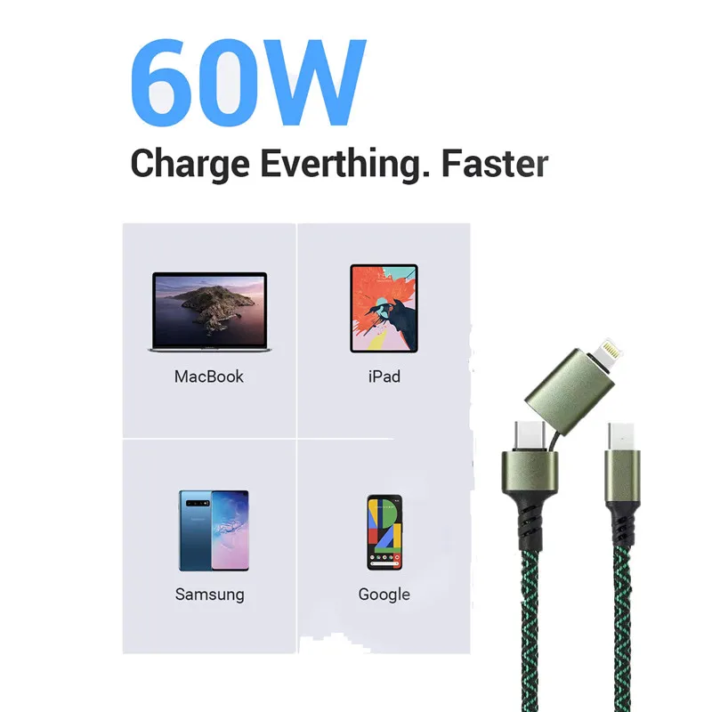 Новый 2 в 1 нейлоновый Плетеный 3а 60 Вт PD Быстрая зарядка USB Type C к Lightning зарядный кабель для передачи данных iPhone