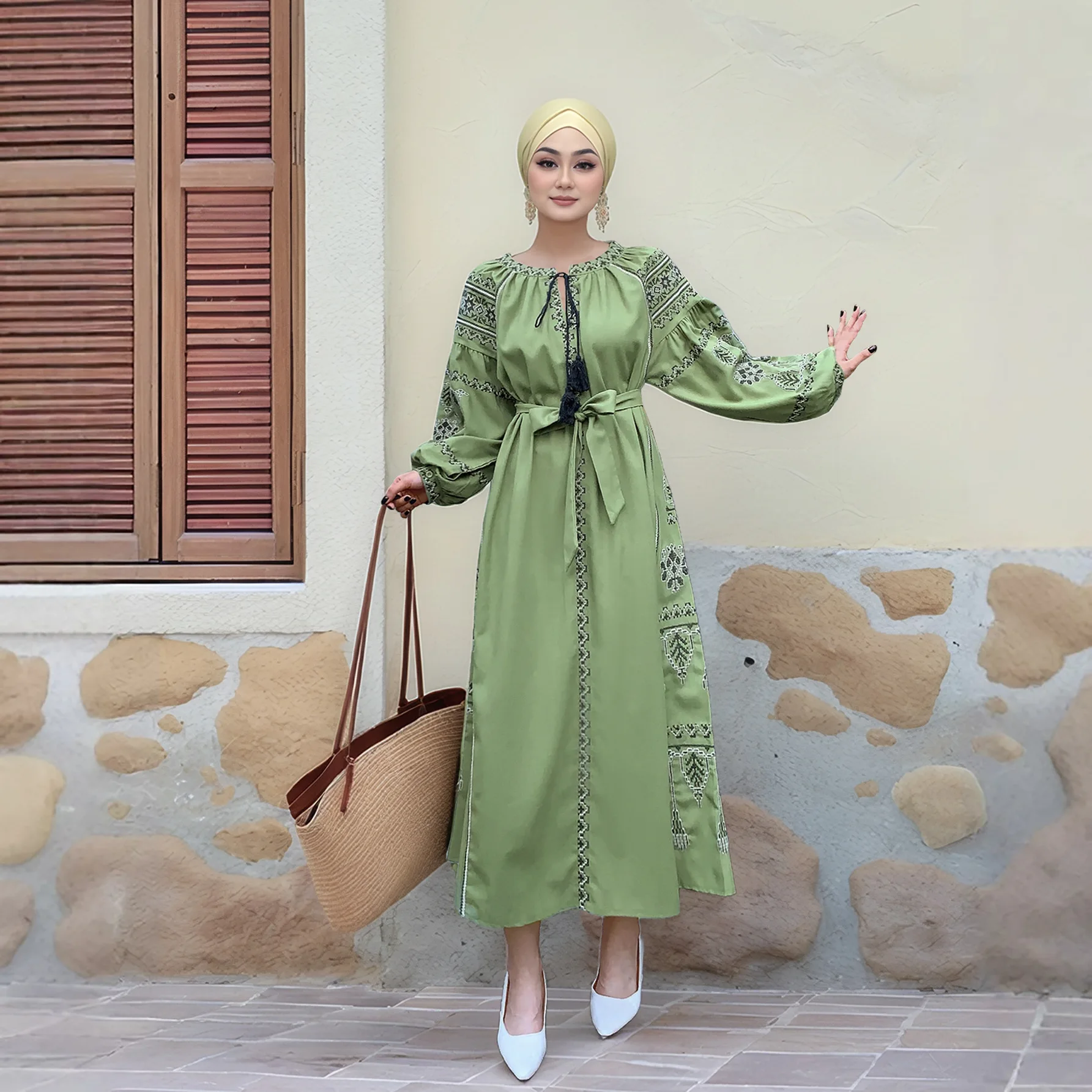 M300# Malay Indonesia Southeast Asia Muslim Women's Wear Dress Machine  Embroidery Lantern Sleeve Cotton Linen Dress